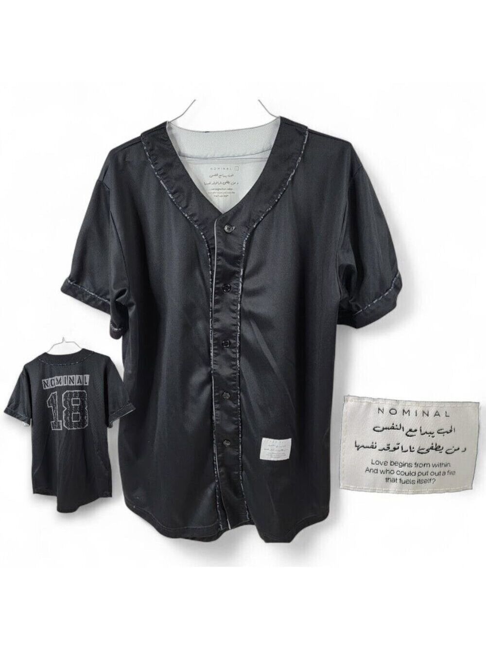 Nominal Arabic Script Baseball Jersey | Black Satin Button-Up | Size L
